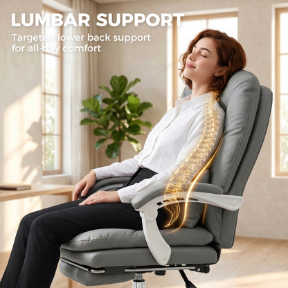 Ergonomic Executive Office Chair, Reclining Desk Chair with Lumbar Support, Footrest, Plush Thick Cushion, Grey