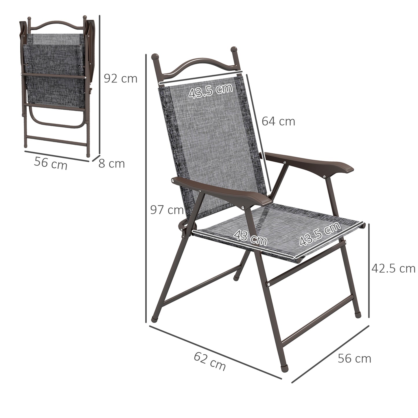 Set of Two Folding Garden Chairs, with Fabric Mesh Seats - Grey