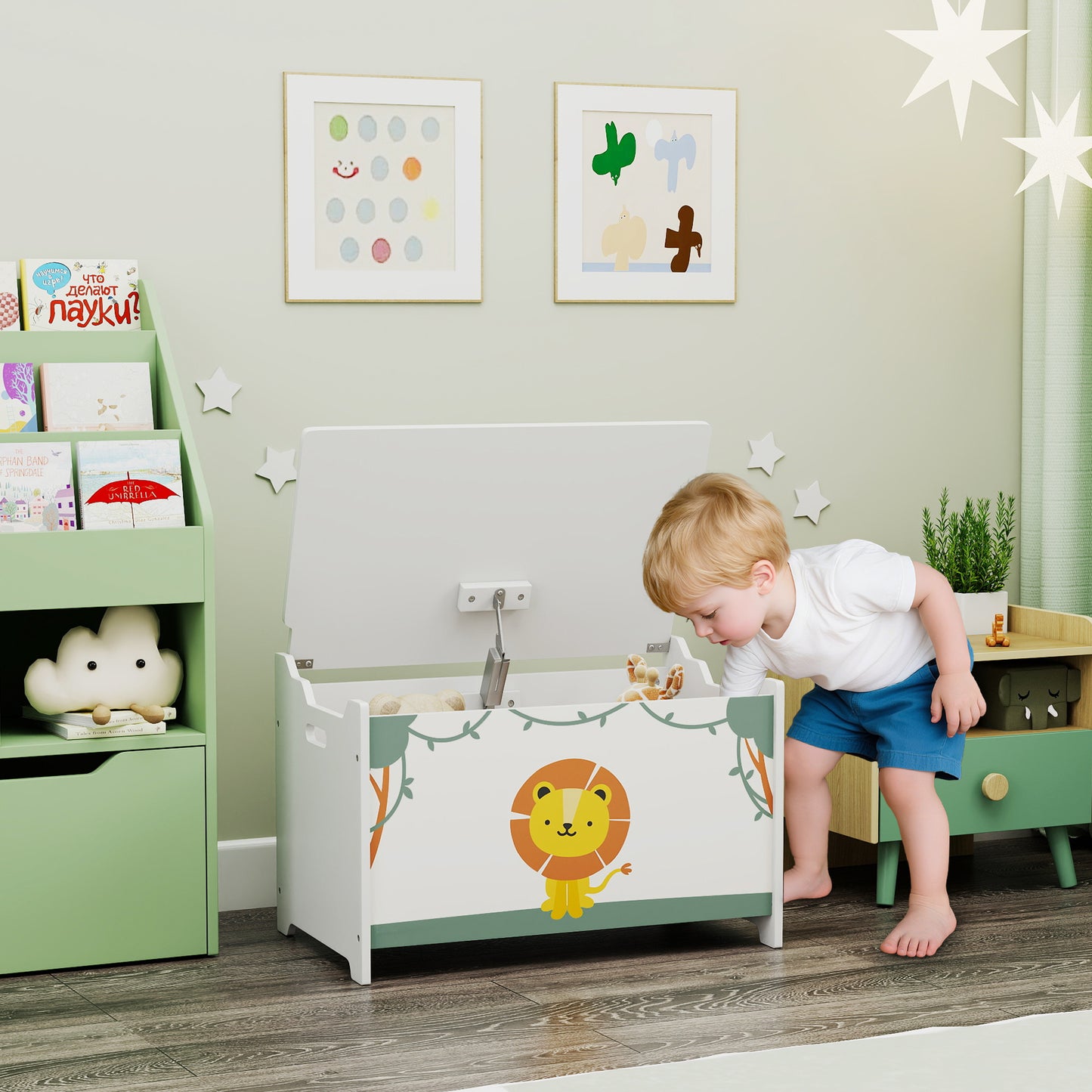 Toy Box with Lid, Safety Hinges and Groove Handles, Toy Storage organiser for Kids, Living Room, Playroom, Green