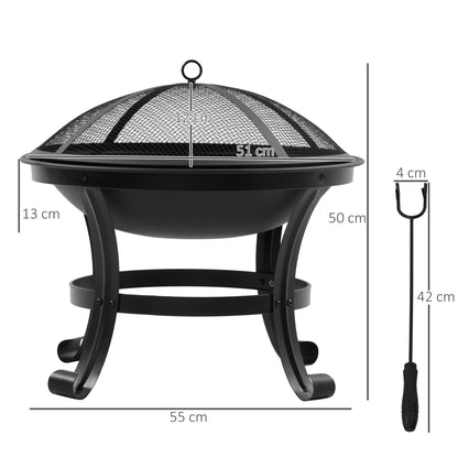Outdoor Fire Pit, Firepit with Mesh Lid, Poker, for Camping, Bonfire, Picnic, Black
