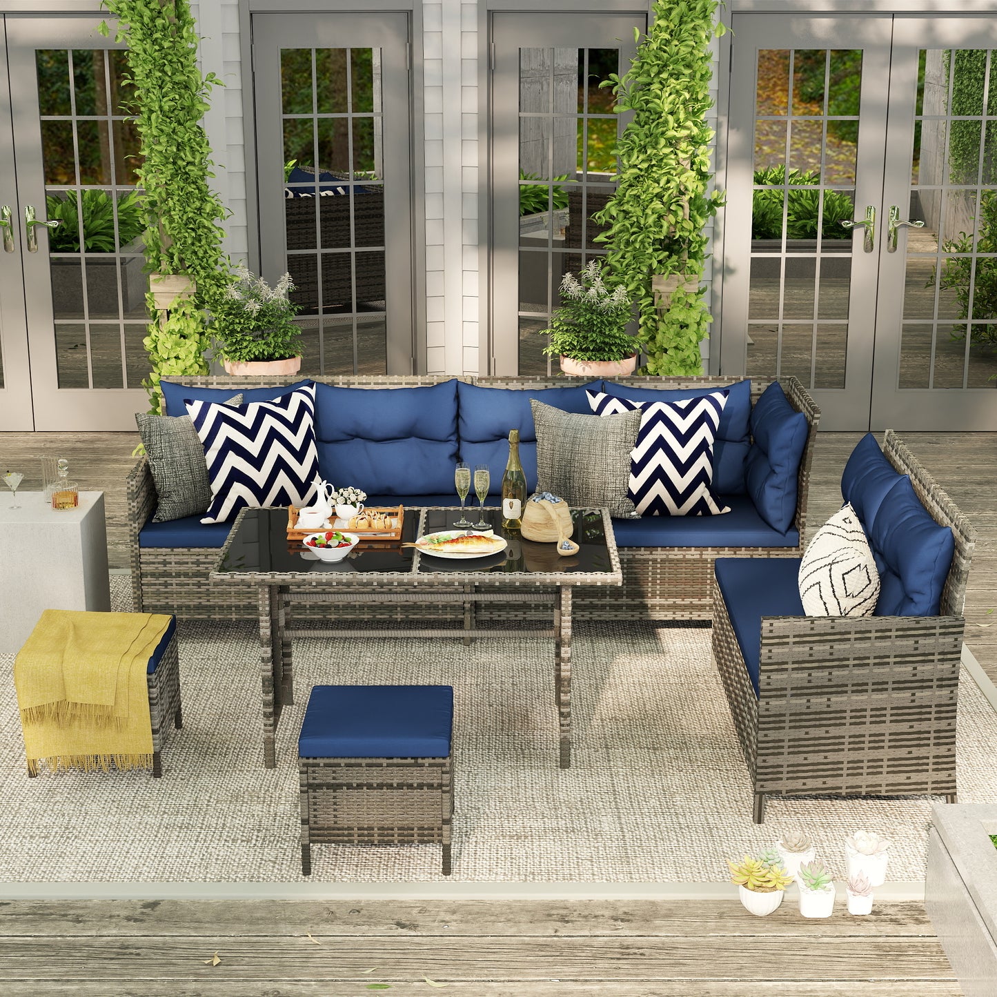 7-Seater Patio wicker Sofa Set Rattan Chair Furniture w/ Glass & Cushioned, Dark Blue