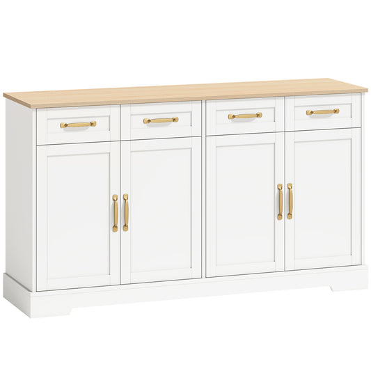 Sideboard Buffet Cabinet, 140 cm Kitchen Storage Cabinet with 4 Drawers, 4 Doors and 2 Adjustable Shelves, White