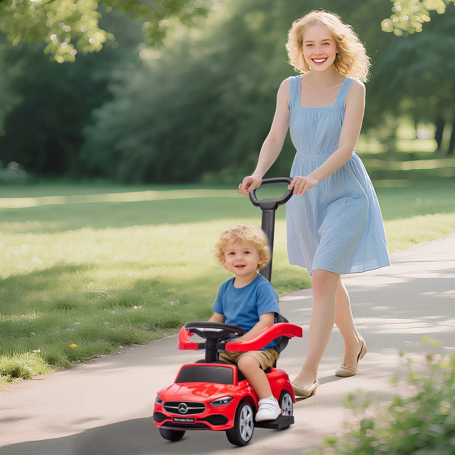 2 in 1 Baby Ride on Push Car Mercedes-Benz C-Class Licensed Walker Foot to Floor Push-Along with Removable Handle, Red