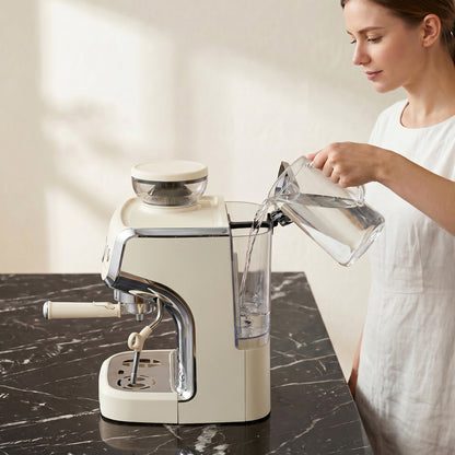 15 Bar Coffee Machine, with Adjustable Grind, Steamer and Accessories - Cream White