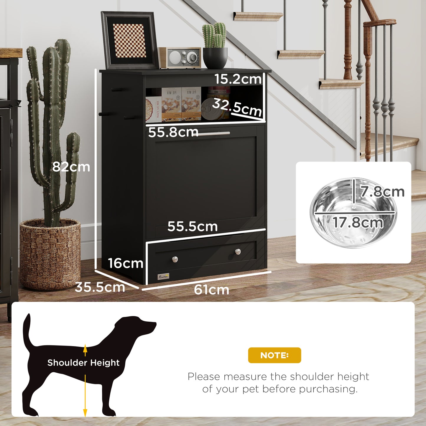 Pet Feeder Station, Dog, Cat Storage Container, with Raised Bowls, Hanger, Cabinet - Black