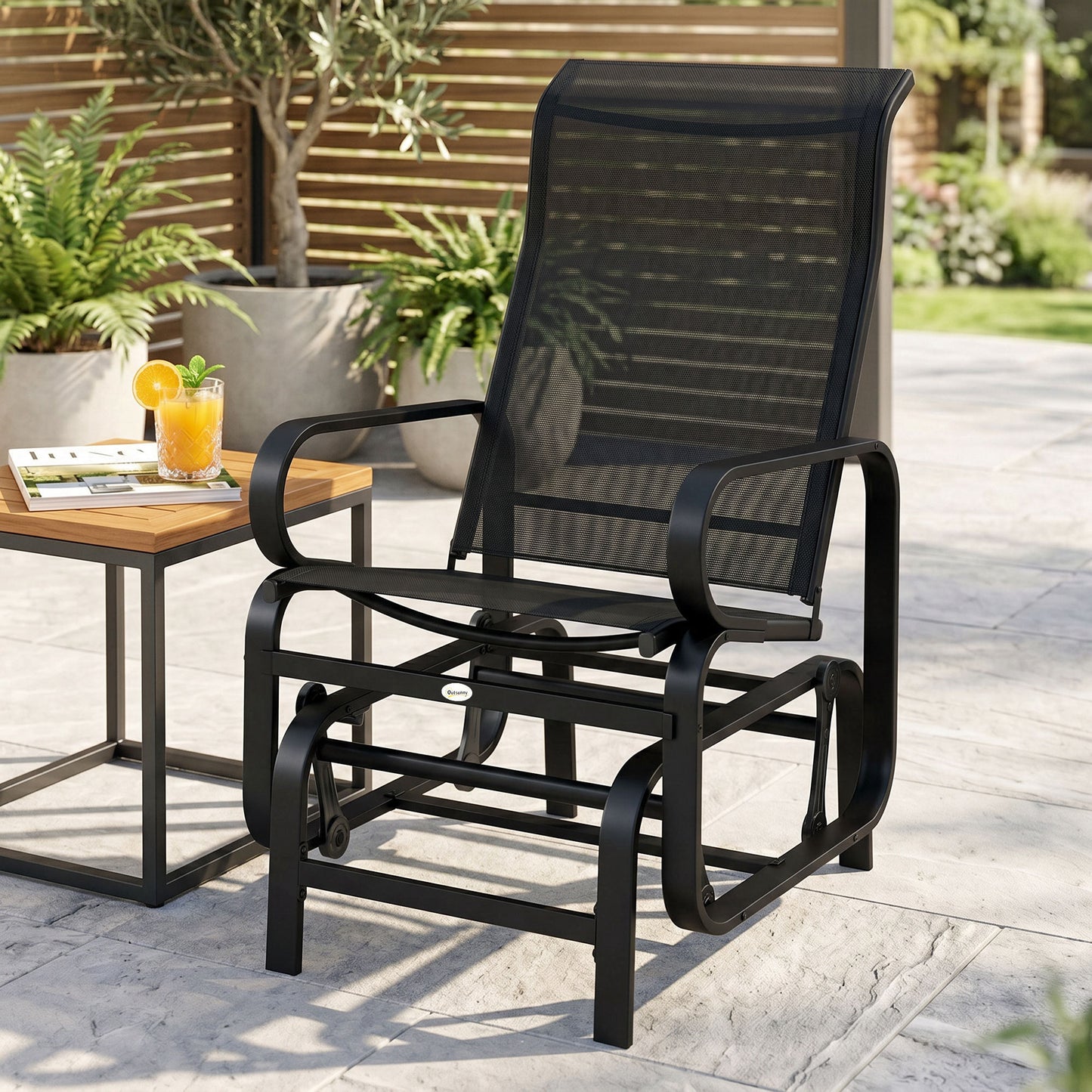 Outdoor Gliding Rocking Chair with Sturdy Metal Frame Garden Comfortable Swing Chair, Black