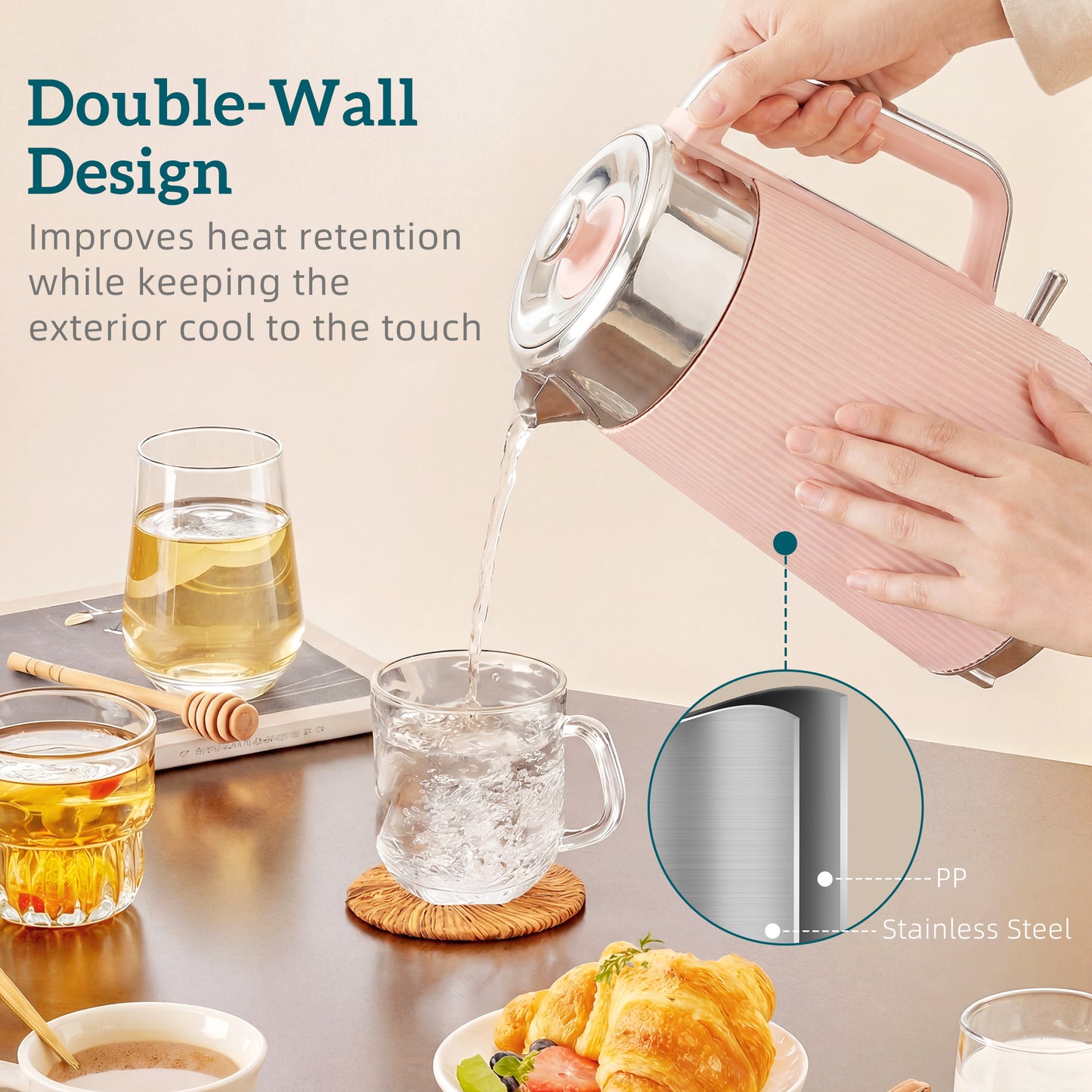 Electric Stainless Steel Kettle and Toaster Set, 3000W 1.7L UK Strix Thermostat Fast Boil Kettle Pink