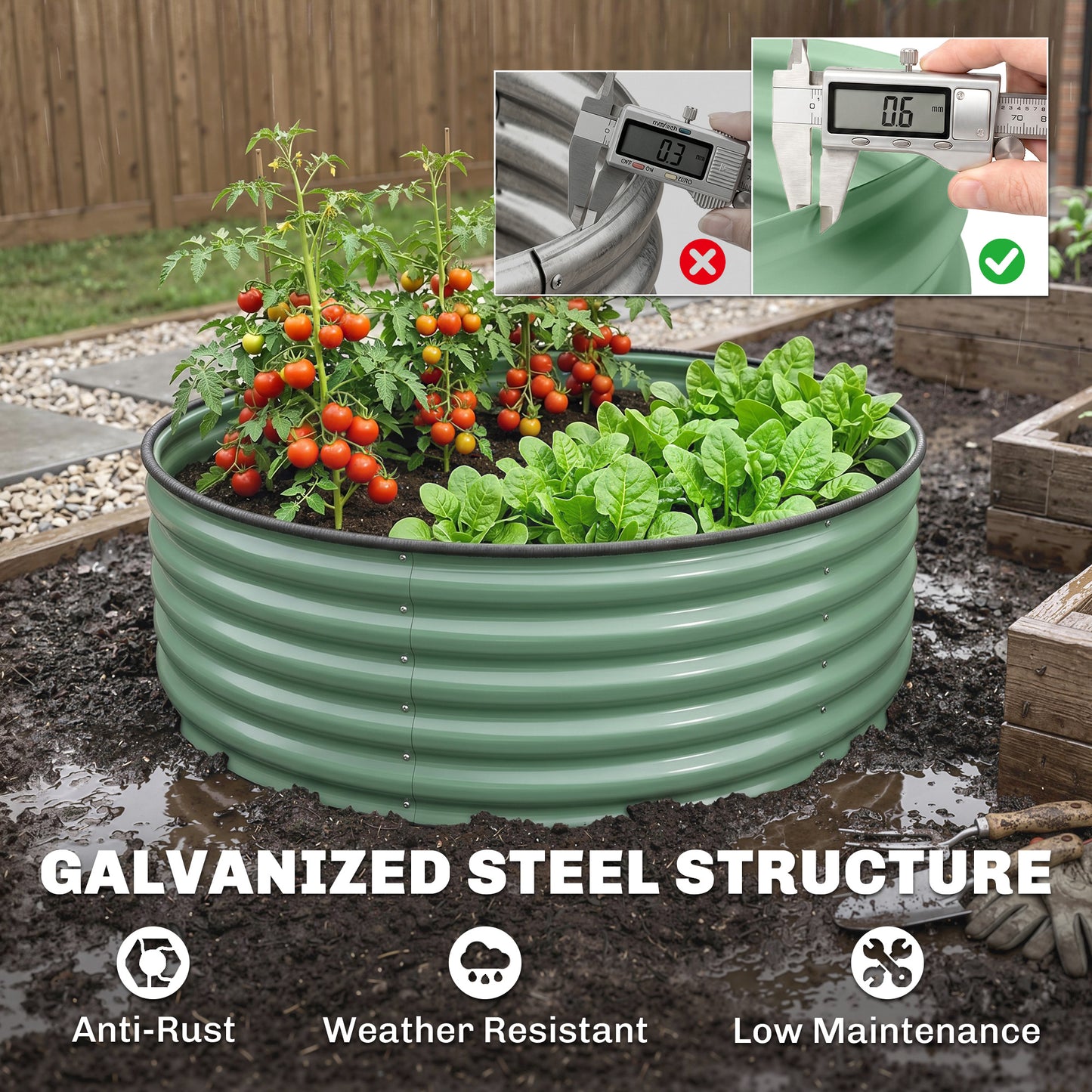 Galvanised Raised Garden Bed with Safety Edging, Outdoor Raised Planter Box with Gloves, 120 x 120 x 43cm, Light Green