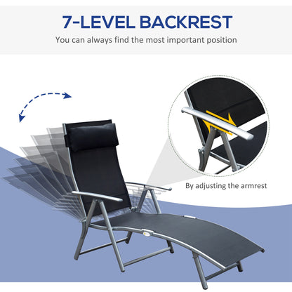 Sun Lounger Steel Frame Outdoor Folding Chaise Texteline Lounge Chair Recliner with Headrest & 7 Levels Adjustable Backrest