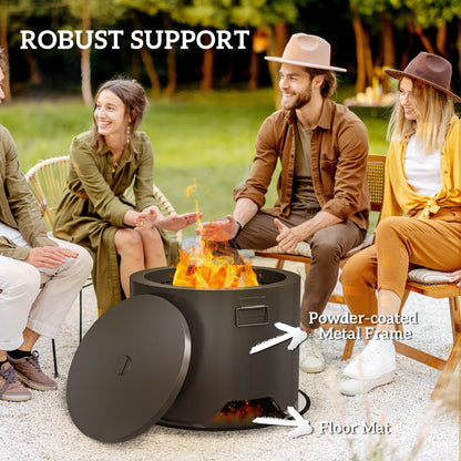 Outdoor Round Fire Pit with Lid and Fire Poker - Black