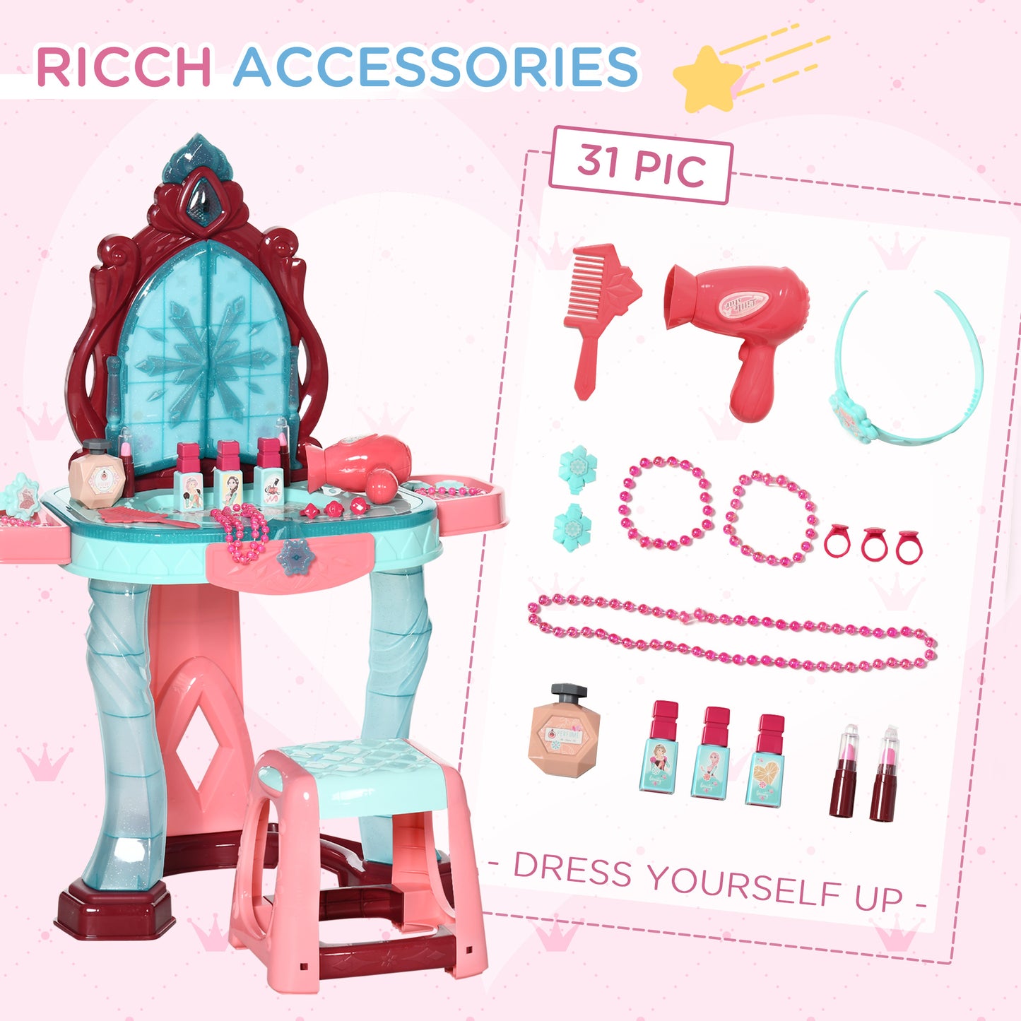 31 Piece Kids Dressing Playset, with Magical Princess Mirror, Light and Sound - Pink and Blue