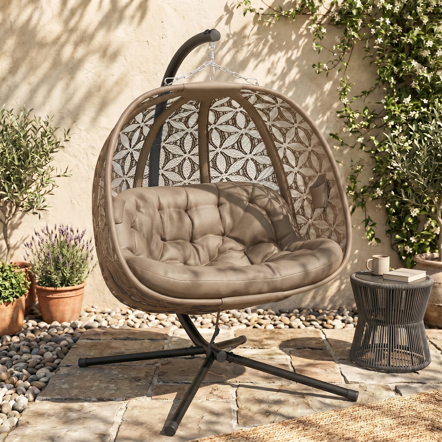 Outdoor Double Hanging Chair with Cushion and Cup Holders, Sand Brown