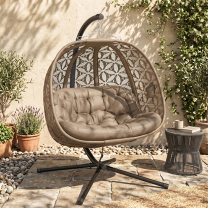 Outdoor Double Hanging Chair with Cushion and Cup Holders, Sand Brown