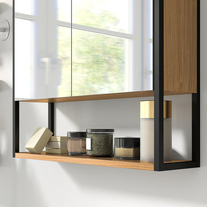 Bathroom Mirror Cabinet with Soft-Close Doors and Adjustable Shelf - Natural Wood Finish