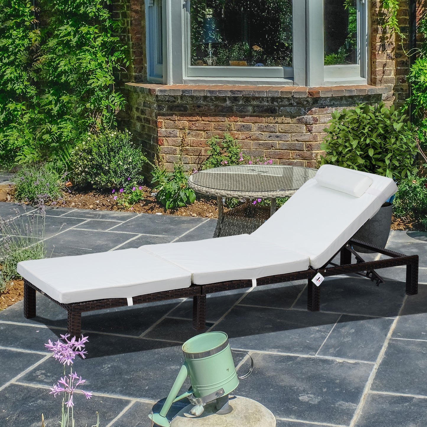 Rattan Sun Lounger, 5-Level Adjustable Garden Lounger Recliner with Cushion and Headrest, Outdoor Reclining Sunbed