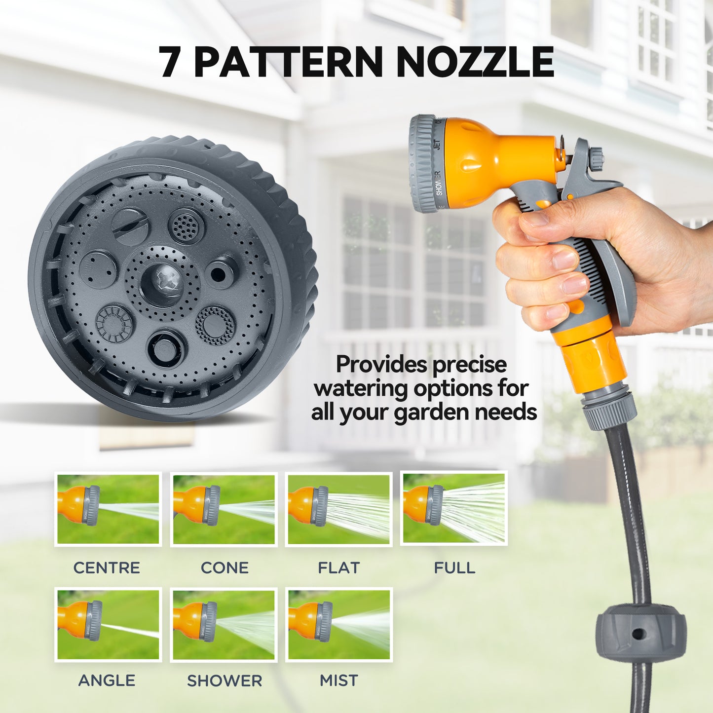 Retractable Hose Reel Wall Mounted, 30+2m Garden Hose Pipe Reel with Lock, Auto Rewind, 7 in 1 Spray Nozzle