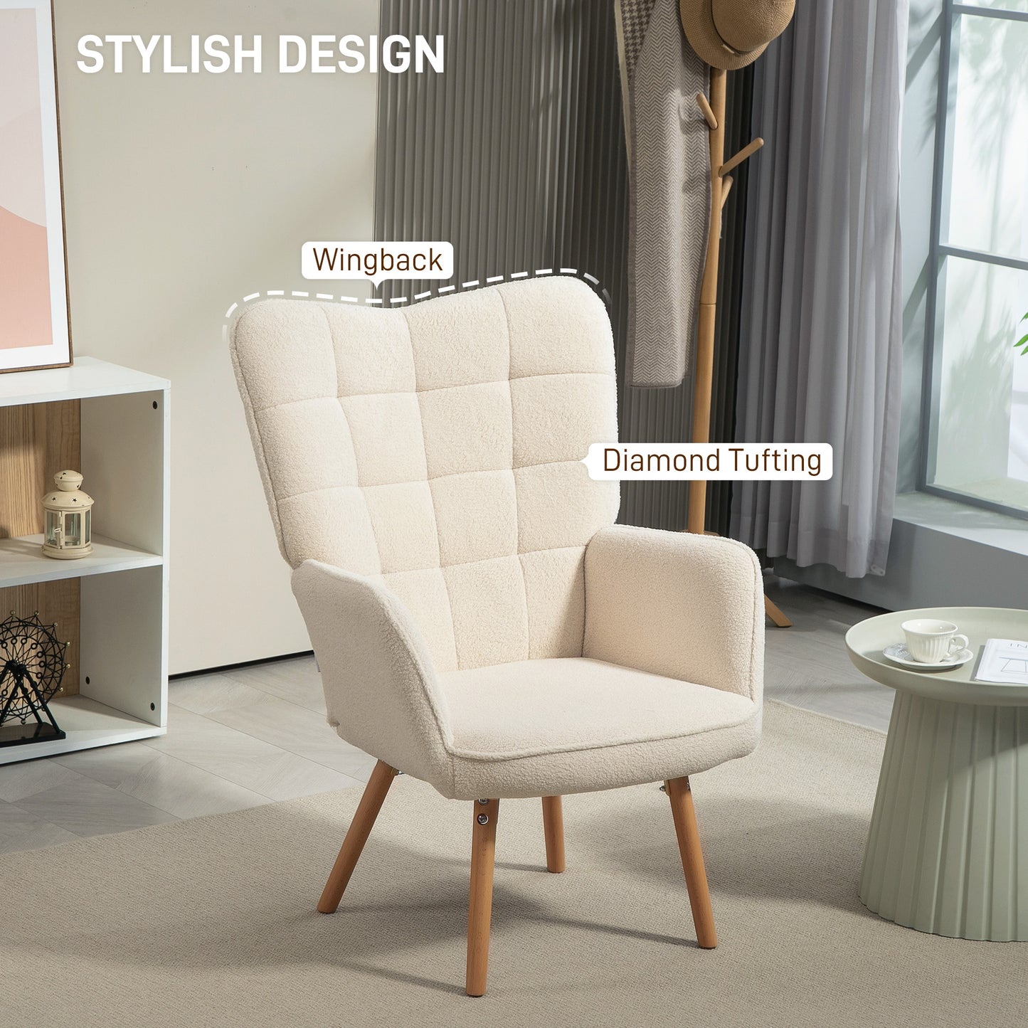 Modern Accent Chair, Upholstered High Back Armchair with Tufted Wingback, Seat Padding