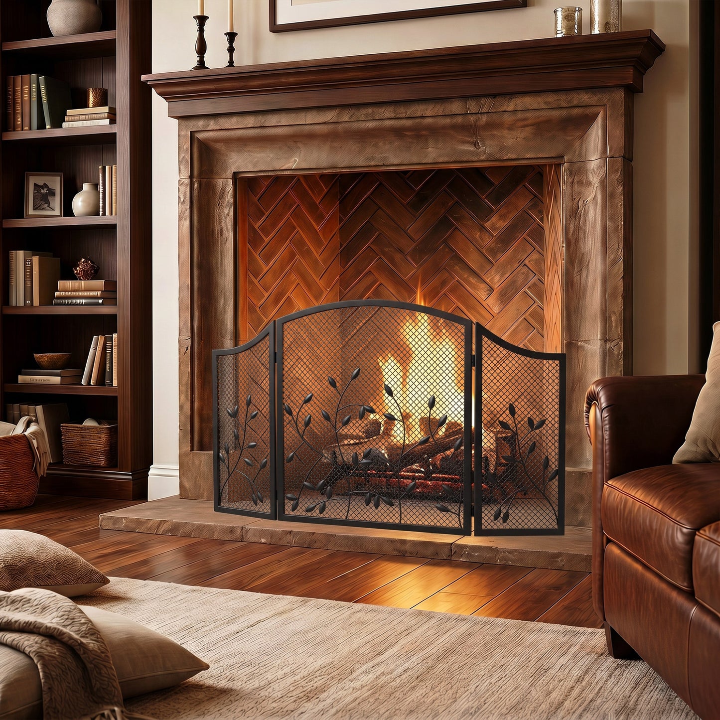 3-Panel Folding Fireplace Screen for Hearth Protection, Heat-Resistant Metal Fire Spark Guard, Black