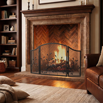 3-Panel Folding Fireplace Screen for Hearth Protection, Heat-Resistant Metal Fire Spark Guard, Black