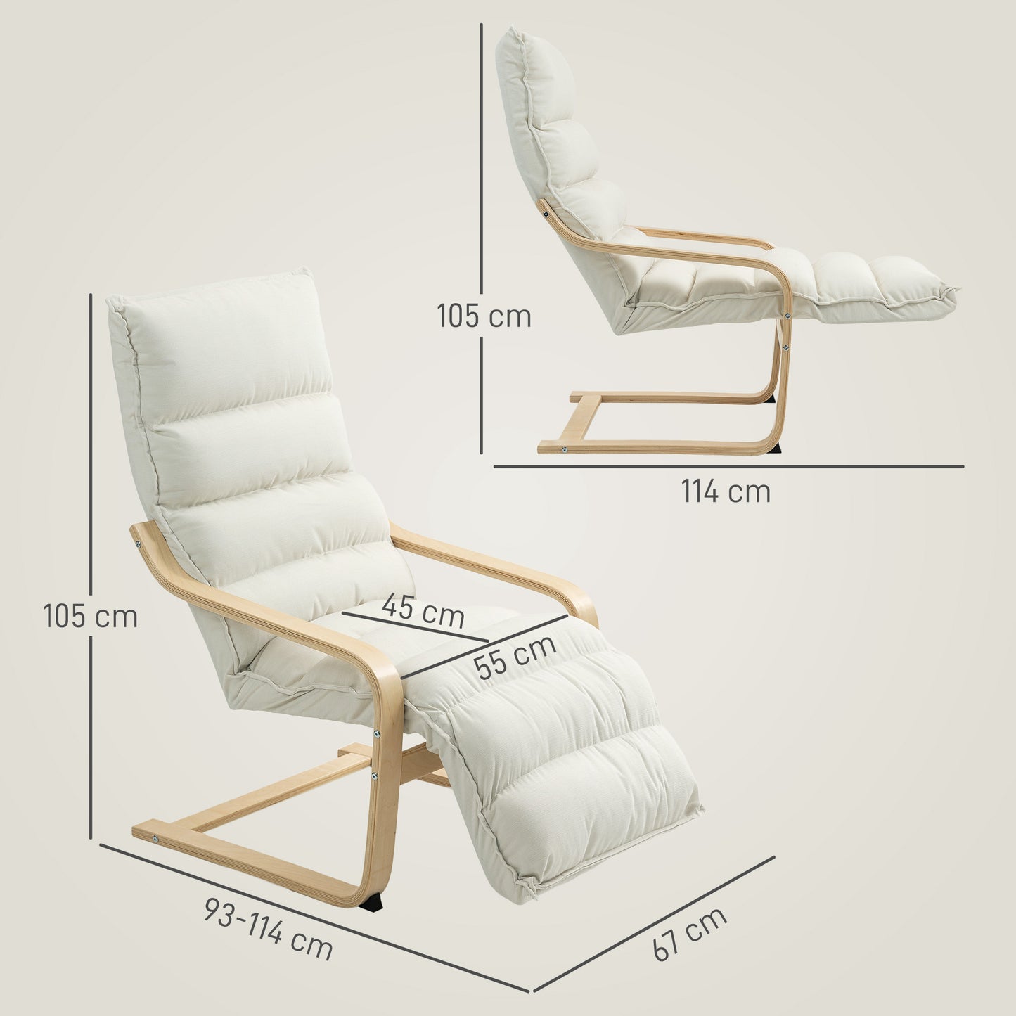 Curved Wooden Accent Chair, with Adjustable Footrest - Cream White