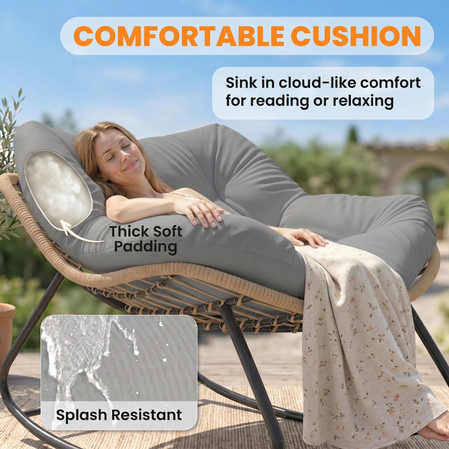 Indoor Outdoor Rocking Chair, Oversized Rocking Egg Chair with Cushion for Living Room, Garden, Patio, Grey