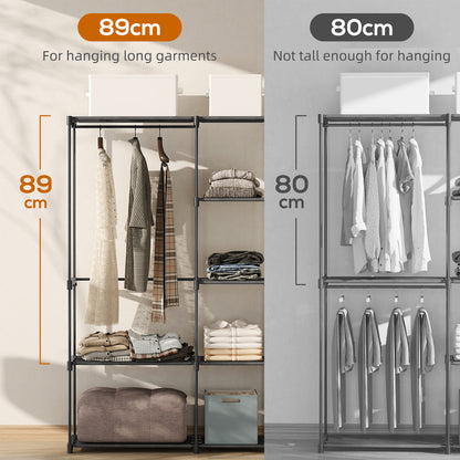 Portable Wardrobe, Open Clothes Wardrobe with 8 Shelves, 3 Hanging Rails, Black