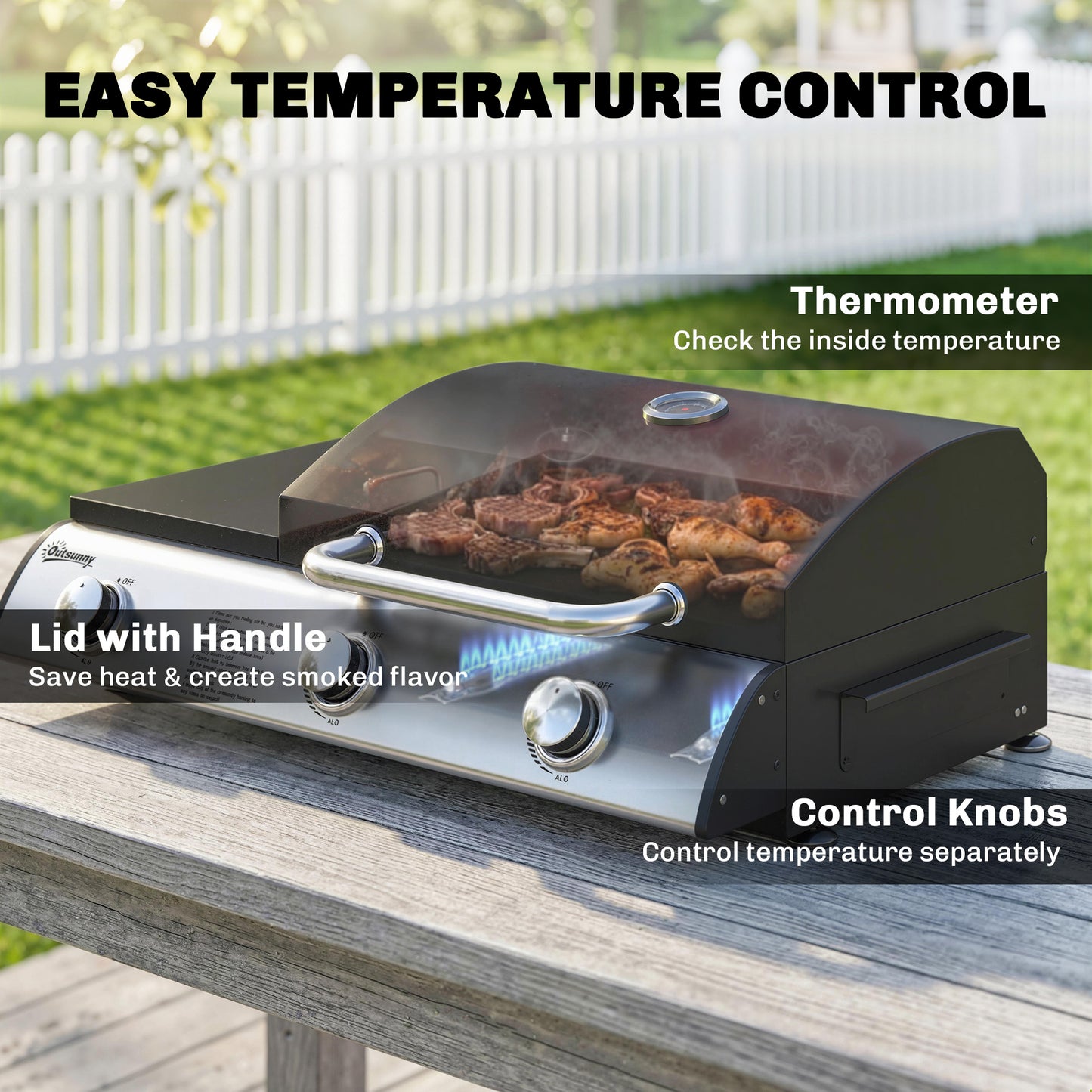 3 Burner Portable Gas Plancha BBQ Grill, 7.5 kW Outdoor Tabletop Gas Barbecue Grill with Griddle, Thermometer,, Black