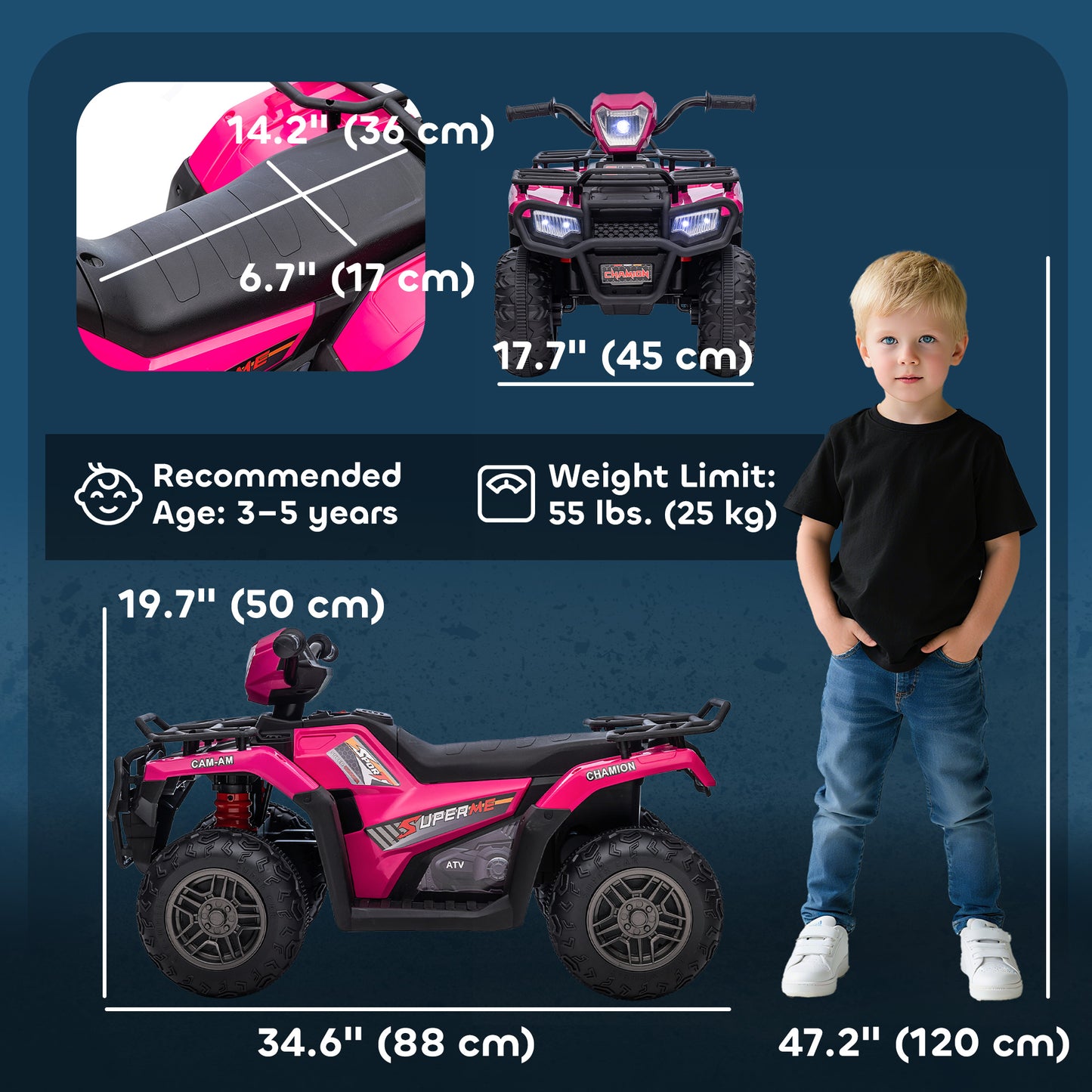 12V Kids Quad Bike with Forward, Reverse Functions, Ride-On ATV w/ Music, LED, Headlights, for Ages 3-5 Years - Pink
