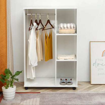 Open Wardrobe on Wheels, Bedroom Wardrobe with Clothes Hanging Rail, 3 Storage Shelves, Mobile Garment Rack for Cloakroom