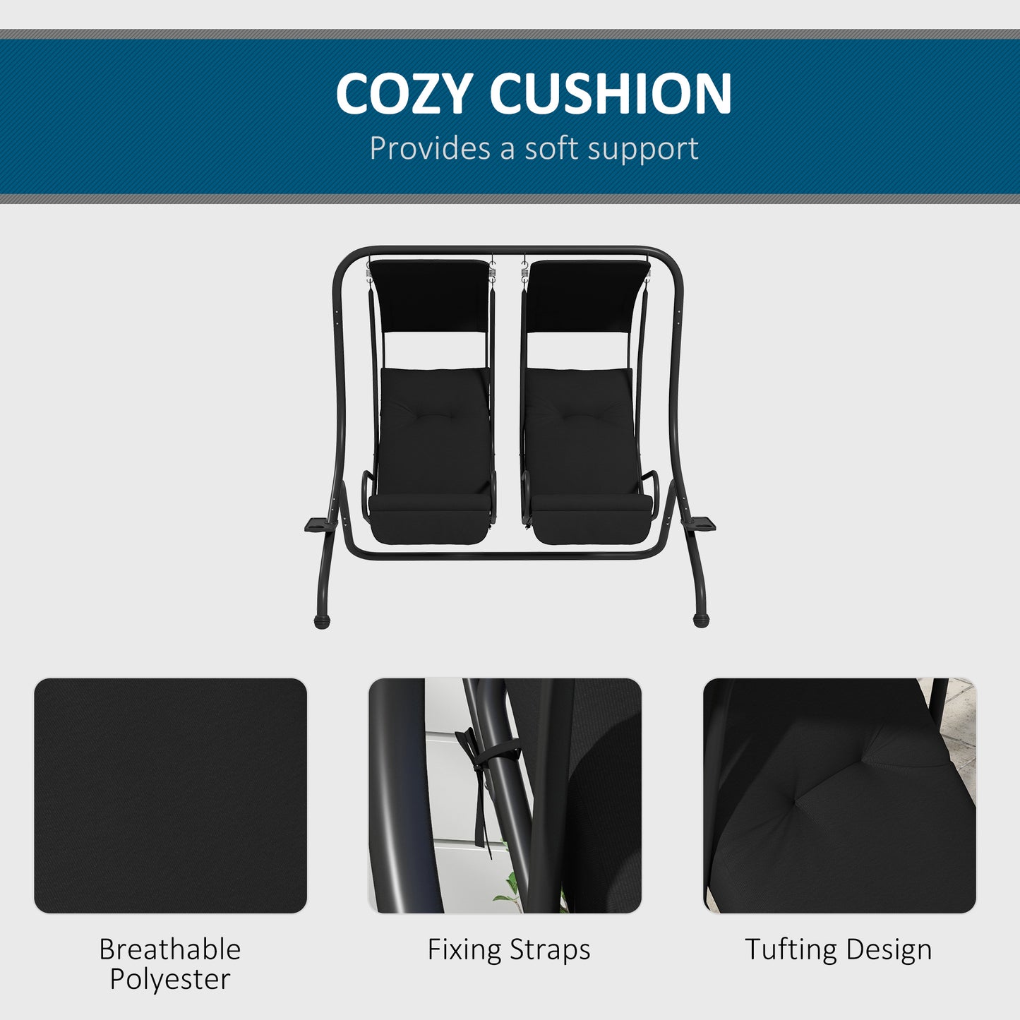 Two-Seat Garden Swing Chair, with Protective Canopy - Black