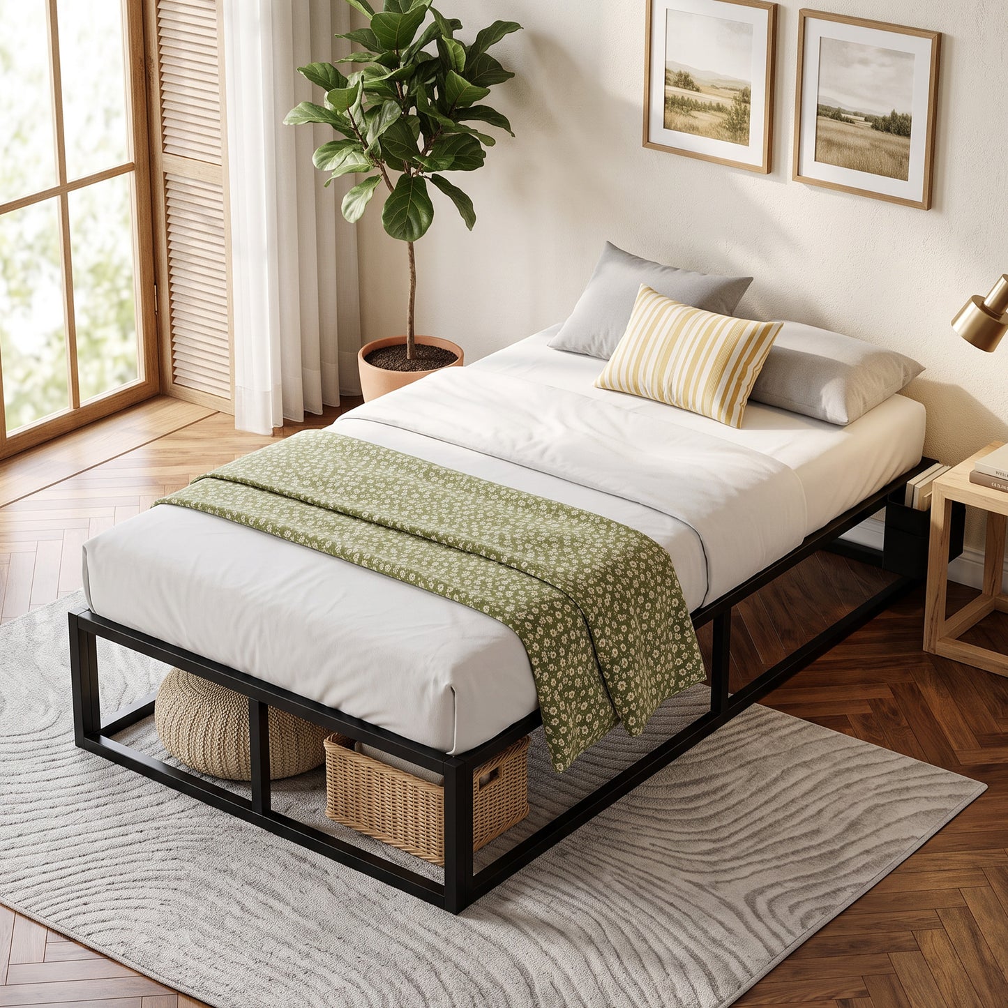 12 Slats Metal Platform Bed Frame, 3ft Single Bed Frame with Storage Bag and Anti-Slip Pads, Black