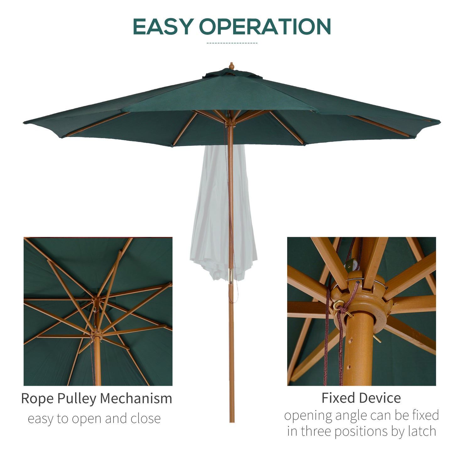 3(m) Wooden Patio Umbrella, Pulley Operated Garden Parasol with Rope Pulley Mechanism and 8 Ribs, Dark Green