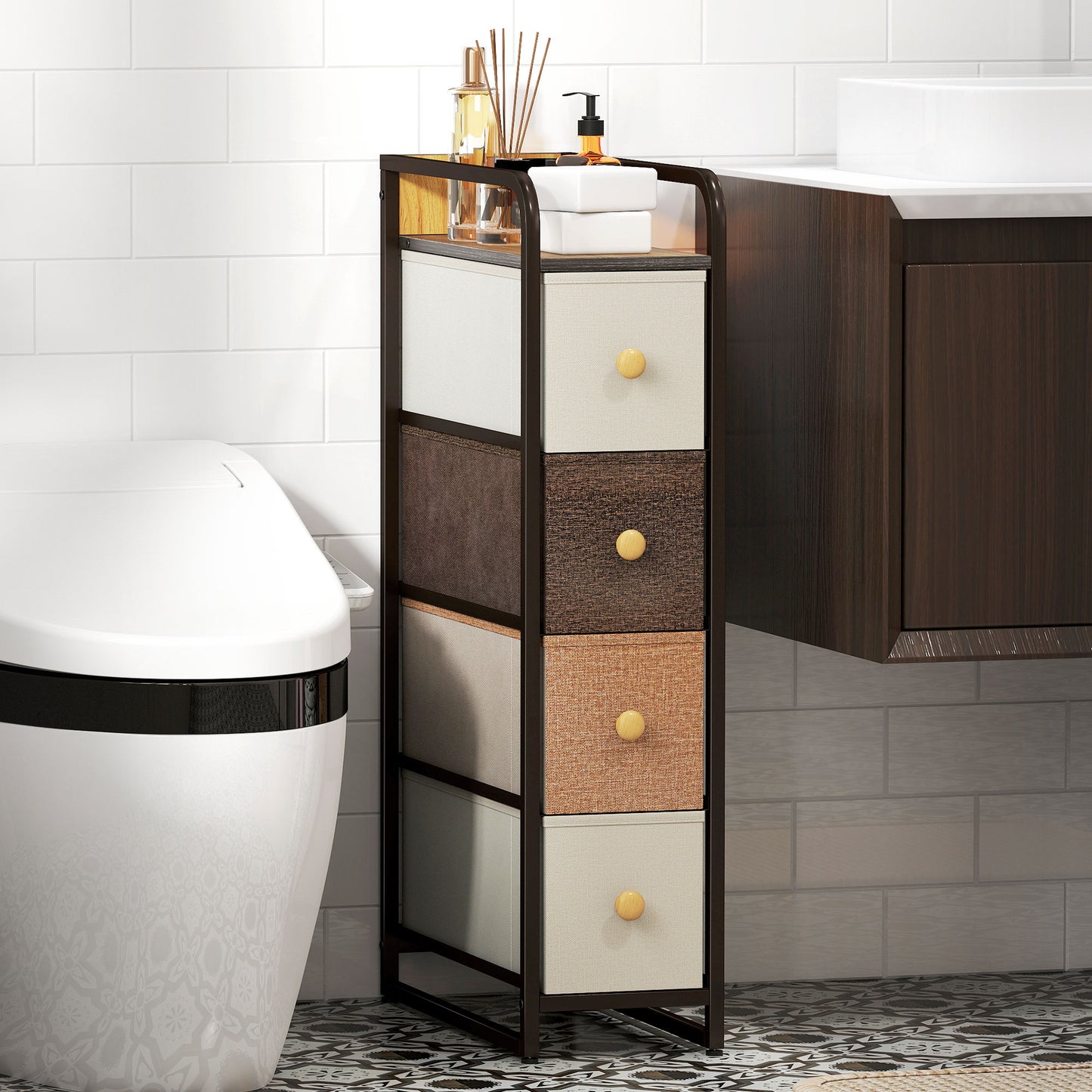 4-Drawer Storage Organiser Unit, Chest of Drawers with Steel Frame for Bedroom, Living Room, Mixed-Brown