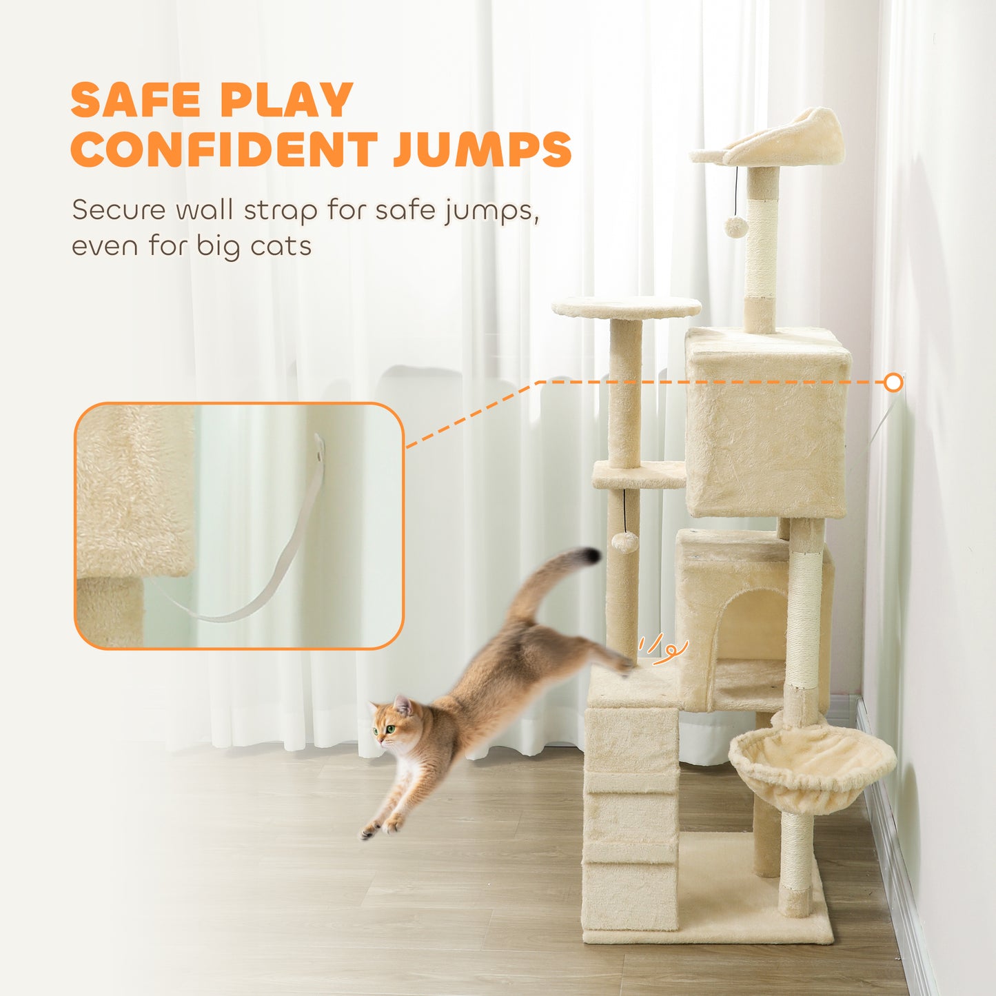 160cm Large Cat Tree Tower with Sisal Scratching Posts, Condos, Plush Perches, Hammock, Ladder, Beige