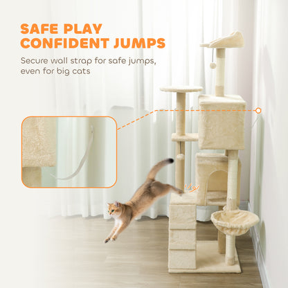 160cm Large Cat Tree Tower with Sisal Scratching Posts, Condos, Plush Perches, Hammock, Ladder, Beige
