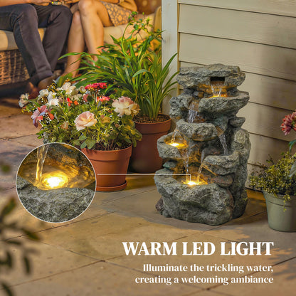 Outdoor Fountain with 6-Tier Rock Design, Waterfall Feature with LED Lights, Resin Freestanding Garden Fountain, Grey