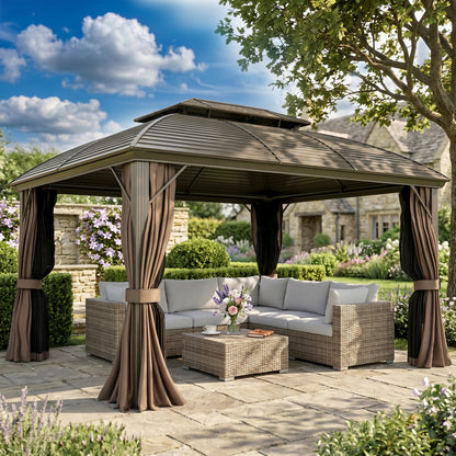 3.65 x 3(m) Hardtop Steel Gazebo Canopy with Aluminium Frame, Double Roof, Net Sidewalls and Curtains, Coffee