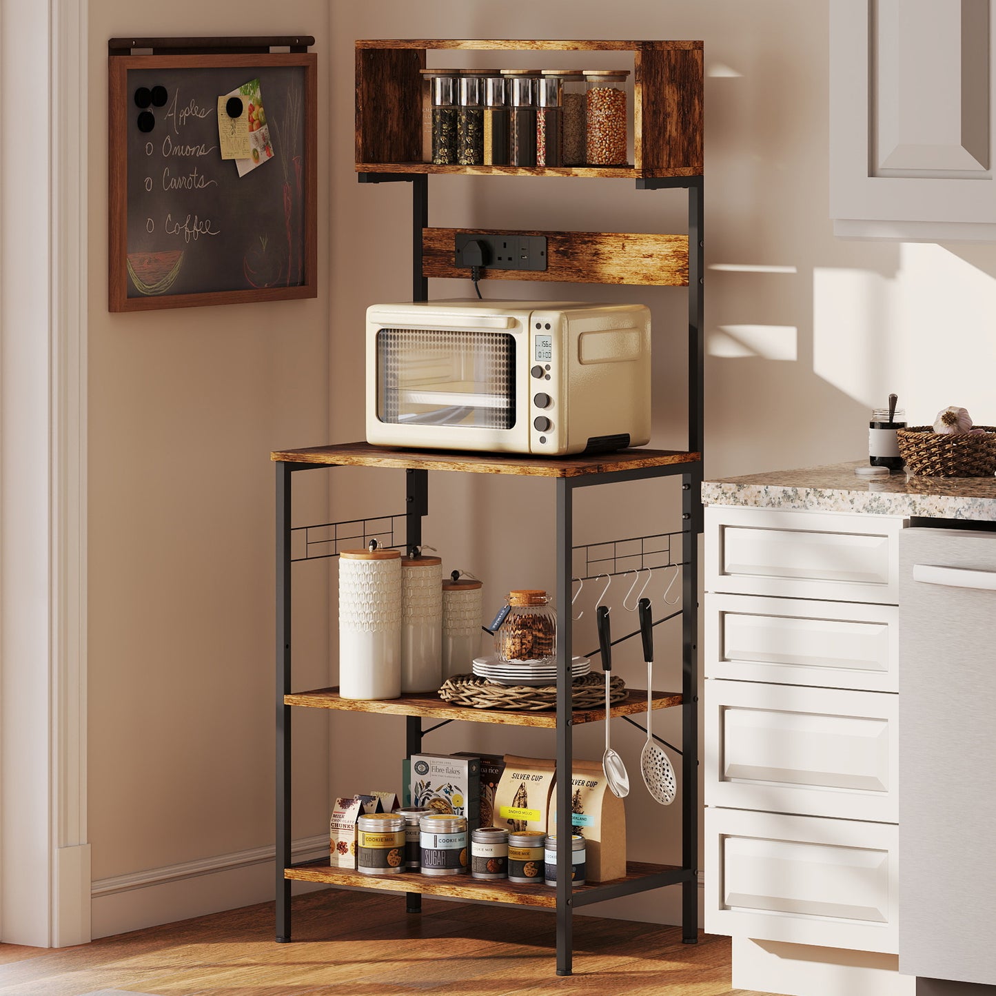 Kitchen Storage Rack, Bakers Rack with Power Outlet, USB Charger, Rustic Brown