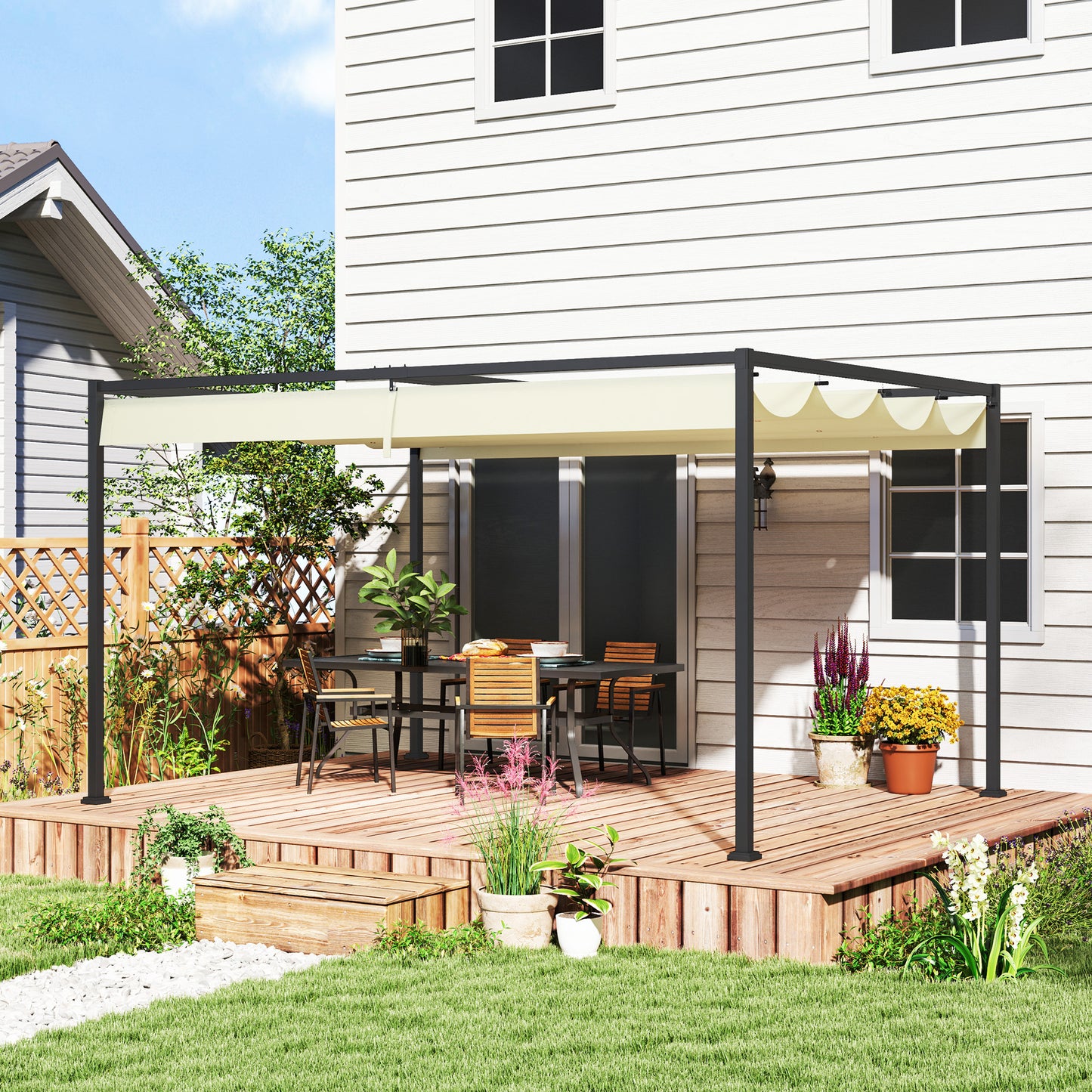 4 x 3(m) Metal Pergola with Retractable Roof, Garden Gazebo Canopy Shelter for Outdoor, Patio, Cream White