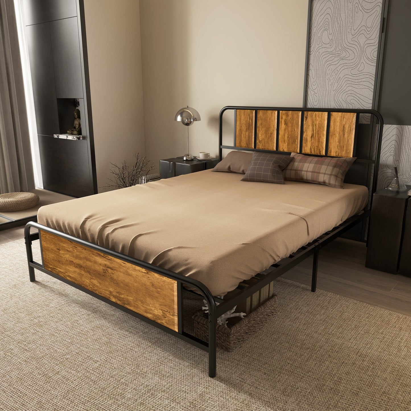 4.8ft Double Bed Frame with Industrial Wood Headboard, Steel Slat Support and 25.5cm Underbed Storage Space, 145 x 197cm