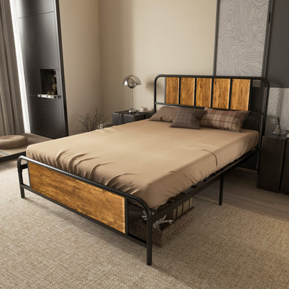 4.8ft Double Bed Frame with Industrial Wood Headboard, Steel Slat Support and 25.5cm Underbed Storage Space, 145 x 197cm