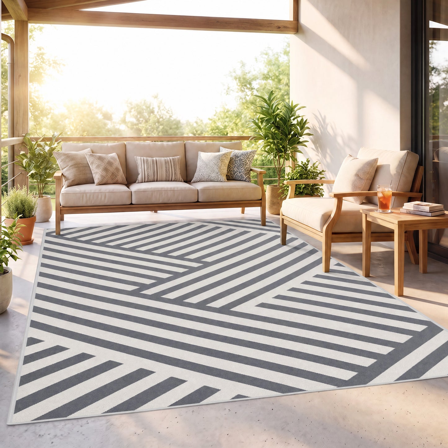 Plastic Straw Reversible RV Outdoor Rug with Carry Bag, 182 x 274cm, Grey and Cream