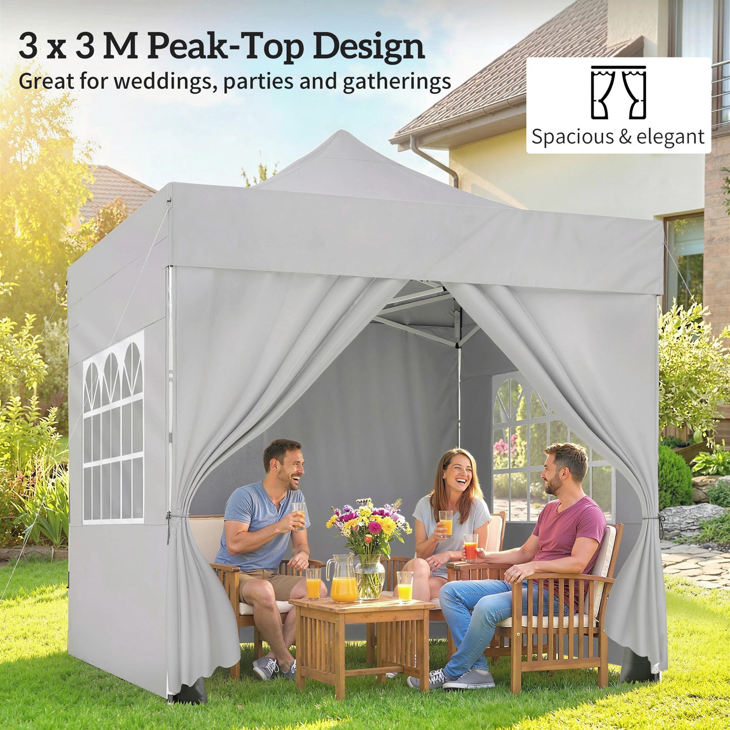 3 x 3 m Pop Up Gazebo with Sidewalls, UPF50+ Heavy Duty Garden Party Tent Marquee with Wheeled Carry Bag, Silver Grey