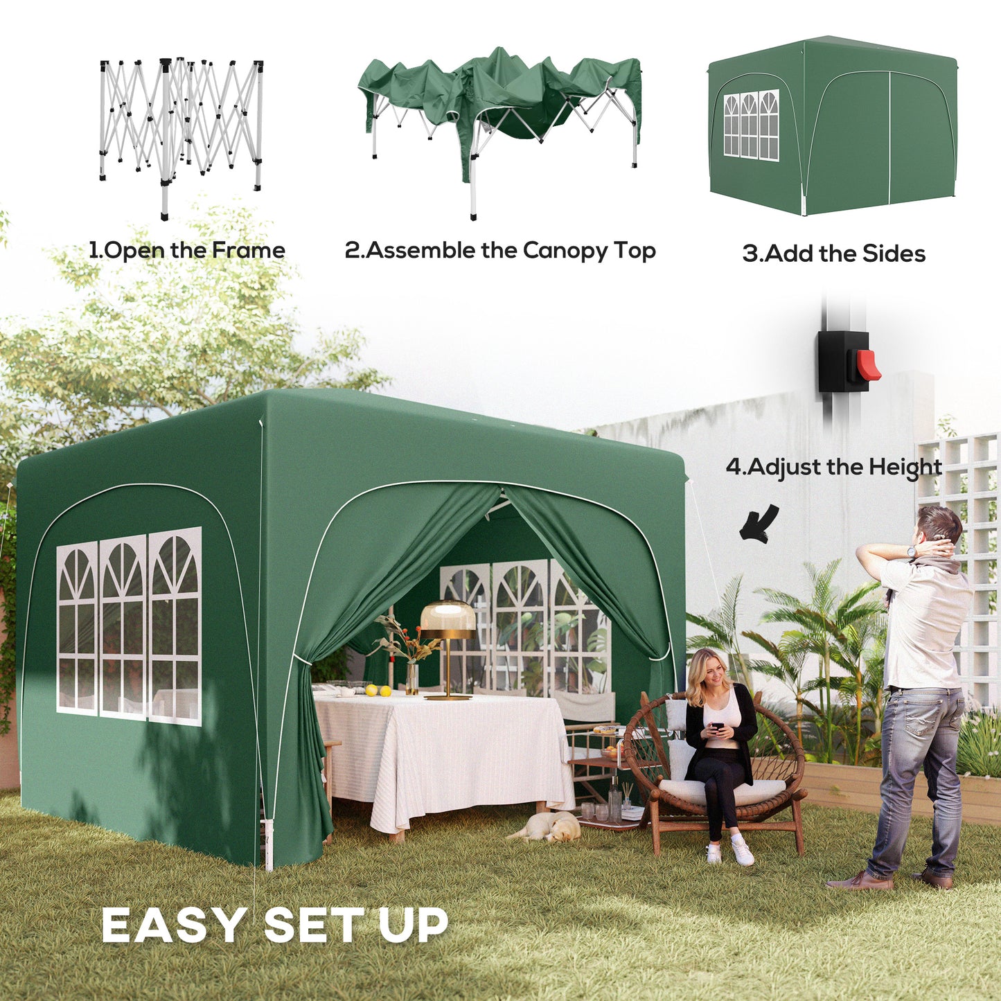 3 x 3m Pop-Up Gazebo Shelter, with Accessories - Dark Green