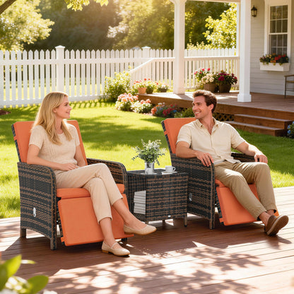 3 Pieces Rattan Bistro Set Balcony Furniture with Cushions, Storage Function - Orange
