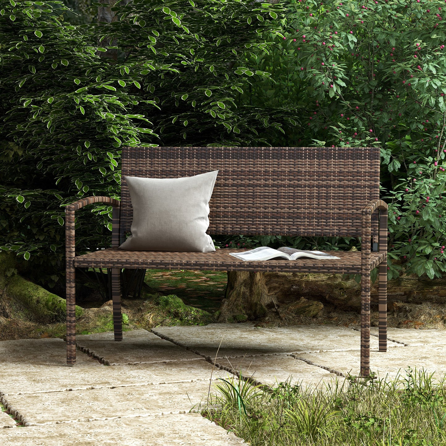 All Weather Wicker Garden Loveseat, 2 Seater Poly Rattan Garden Bench, Outdoor Seating Bench Brown