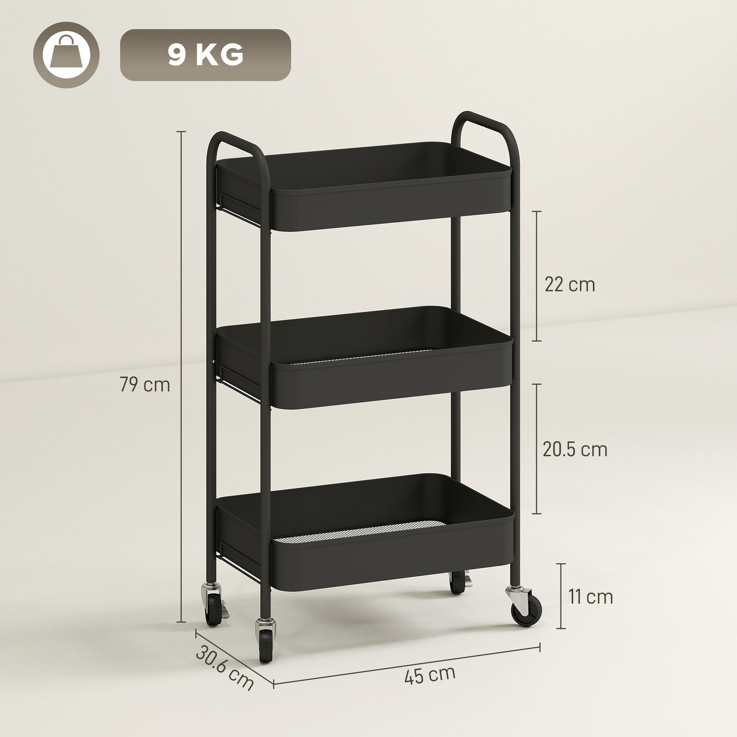 Three-Tier Steel Storage Trolley - Black