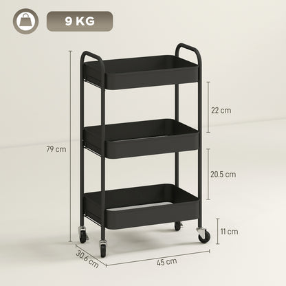 Three-Tier Steel Storage Trolley - Black