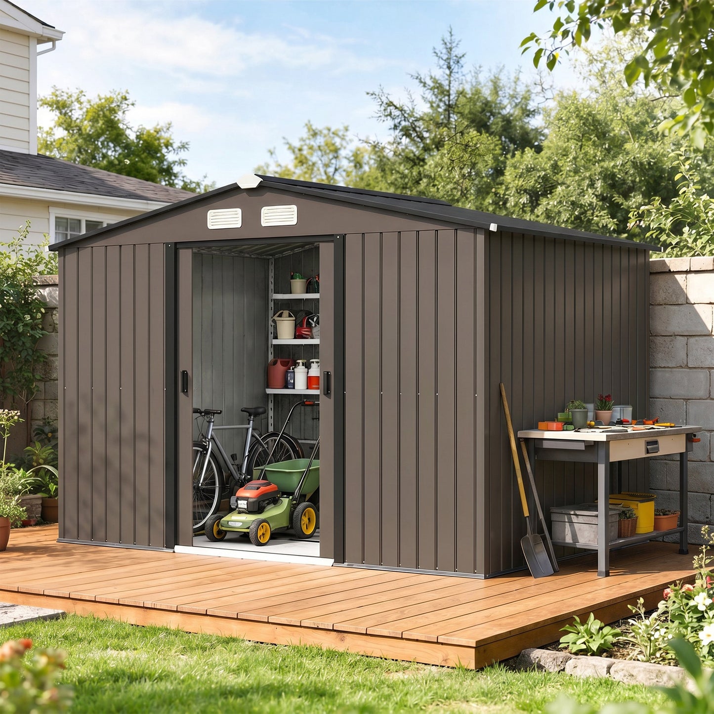 9 x 6ft Metal Garden Shed, Outdoor Storage Tool House with Ventilation Slots, Foundation Kit and Lockable Double Doors, Brown