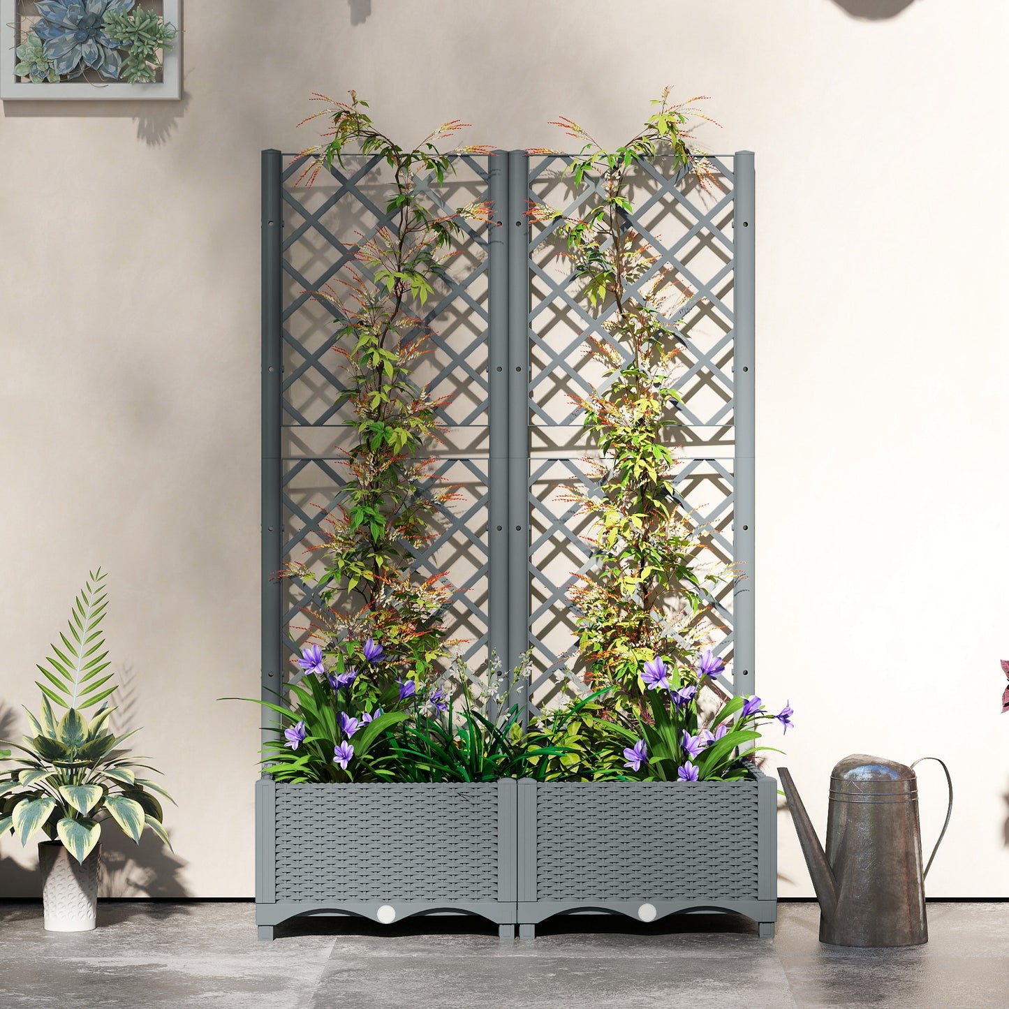 Raised Garden Bed with Trellis, Plastic Planter Box with Drainage Holes